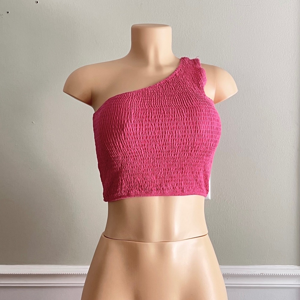 One Shoulder Smocked Crop Top Womens S Pink Asymmetric Barbiecore Y2K Coquette
